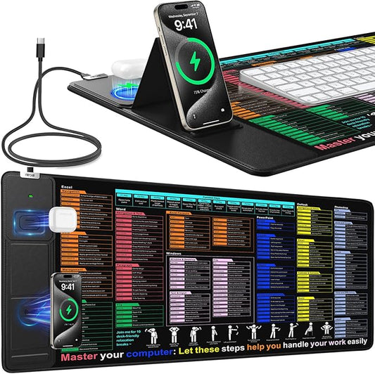 Mouse Pad with Foldable Phone Holder, Wireless Charging Desk Mat 31.5x15.75 Mousepad with Superior Micro-Weave Cloth Non-Slip Waterproof Desk Pad (Excel Shortcut)