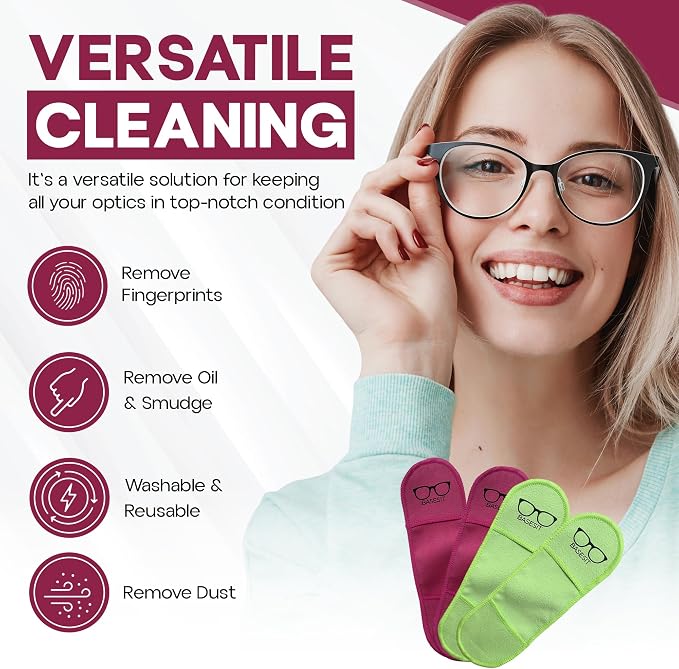 Finger Grip Eyeglass Cleaner (4 Pack) – Premium Microfiber Glasses Cleaning Cloth for Eyeglasses, Sunglasses, Phone Screen & Camera Lens (Rose/Green)