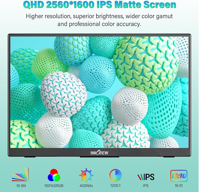 InnoView 16" Portable Monitor 120Hz 2.5K QHD 2160x1600 100% sRGB Laptop Screen Extender | 2 x Type-C & HDMI Portable Monitor for Macbook/Switch/PS5/Xbox(Adapter Excluded)