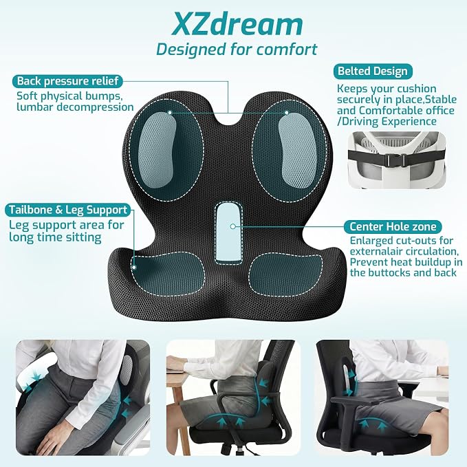 Ergonomic Seat Cushion,Office Chair Cushion with Lumbar Support Pillow,Car Orthopedic Seat Cushions,Designed for Sciatica,Tailbone,Back Pain Relief,for Office,Car,Truck,Home,Desk Chair