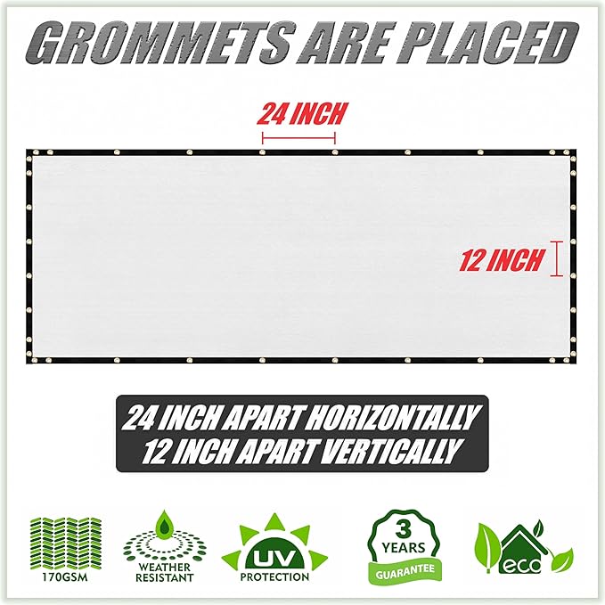 ColourTree Customized Size Fence Screen Privacy Screen White 5' x 189' - Commercial Grade 170 GSM - Heavy Duty - 3 Years Warranty - Cable Zip Ties Included
