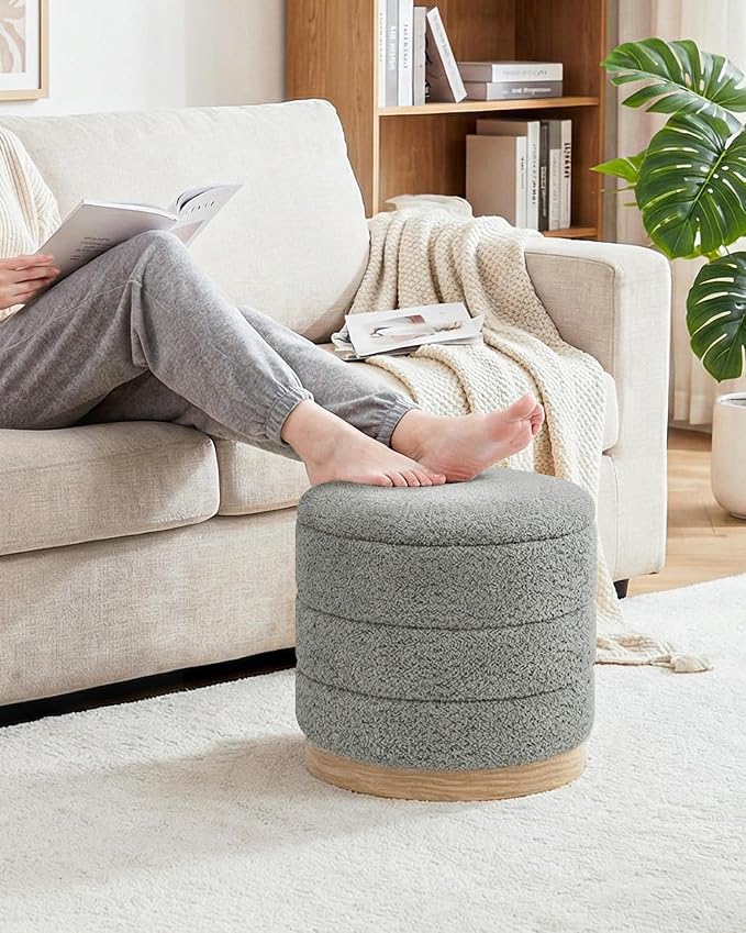 B FSOBEIIALEO Round Storage Ottoman with Tray, Folding Ottoman with Storage Coffee Table Foot Rest for Dorm Room Living Room Chenille Fabric,Grey,15.35"x15.35"x14.57"