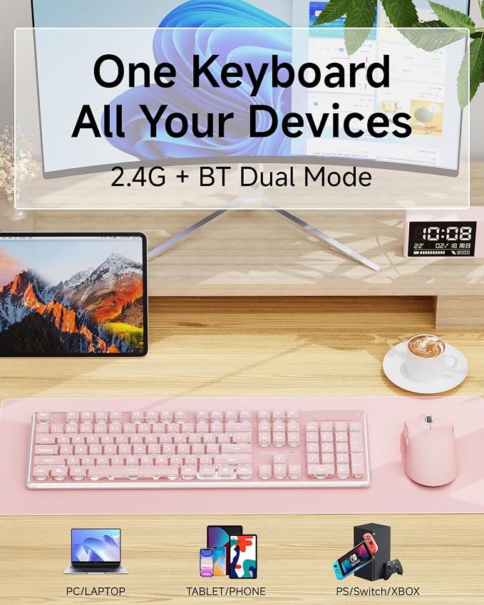 V3 Wireless Keyboard and Mouse Combo, Bluetooth/2.4G Rechargeable Light up Quiet Computer Wireless Keyboard and Mouse with White Backlit, Metal Panel-Pink
