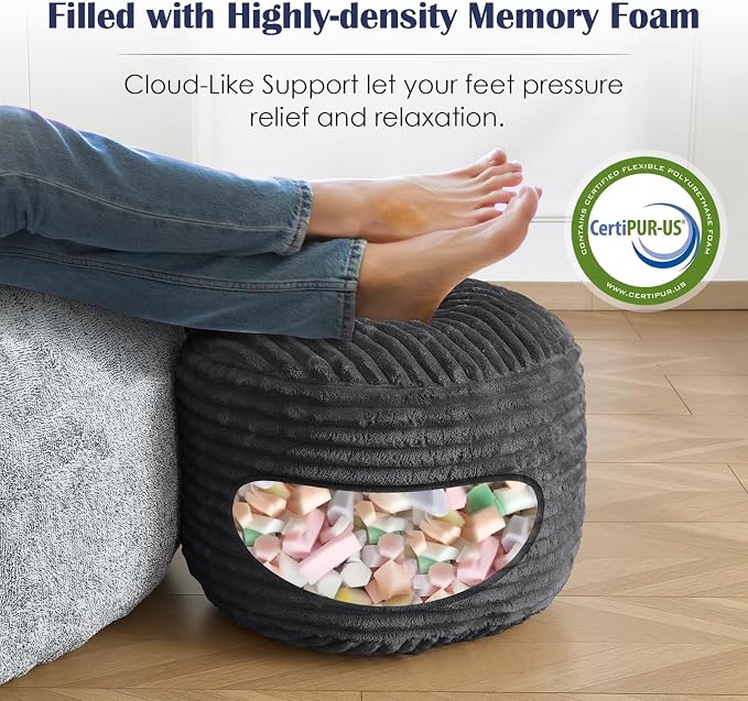 SHOUREN Stuffed Round Ottoman,Corduroy Pouf Ottoman Foot Rest with Foam Filling,Pouf Storage Ottoman Footstool for Living Room,20 X 15 Floor Poufs for Couch - 20 X 15 Inches,Dark Grey