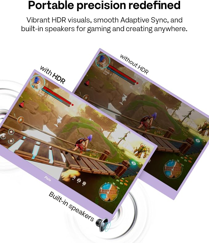 Pixio PX160 Wave Purple Portable Monitor 15.6 inch 60Hz FHD 1080p IPS Panel HDR Screen Cover Stand USB-C HDMI Laptop Screen Extender Portable Monitor for Laptop, PC, Console, Phone