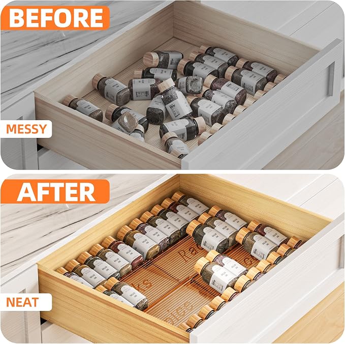 MUDEELA Clear Spice Drawer Organizer, 4 Tier- 2 Set (4 Packs) Spice Rack for Drawer, Expandable From 11" to 22" Kitchen Seasoning Organizers and Storage for Drawer (Jars not included), Amber