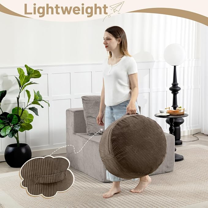 Round Stuffed Pouf Ottoman,Corduroy Foot Rest with Rebound Foam Filled, Furry and Fluffy Foot Stool Ottoman, Floor Poufs for Living Room (Brown, 26" D x 26" W x 18" H)