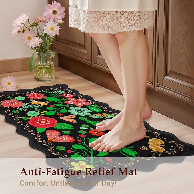 Arenarug Scalloped Black Kitchen Mats for Floor 2PC Cushioned Anti Fatigue Kitchen Mats Rugs Waterproof Non Slip Farmhouse Boho Floral Comfort Foam Standing Mat for Sink Laundry