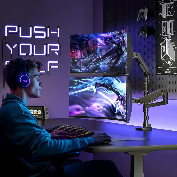 ARES WING Dual Monitor Arm Desk Mount for 17-49 Inch Ultrawide Monitors, Heavy Duty Dual Monitor Mount Holds 44 lbs, Full Motion Gas Spring Vertical Stacked Monitor Mount, 75/100 VESA Mount, Black