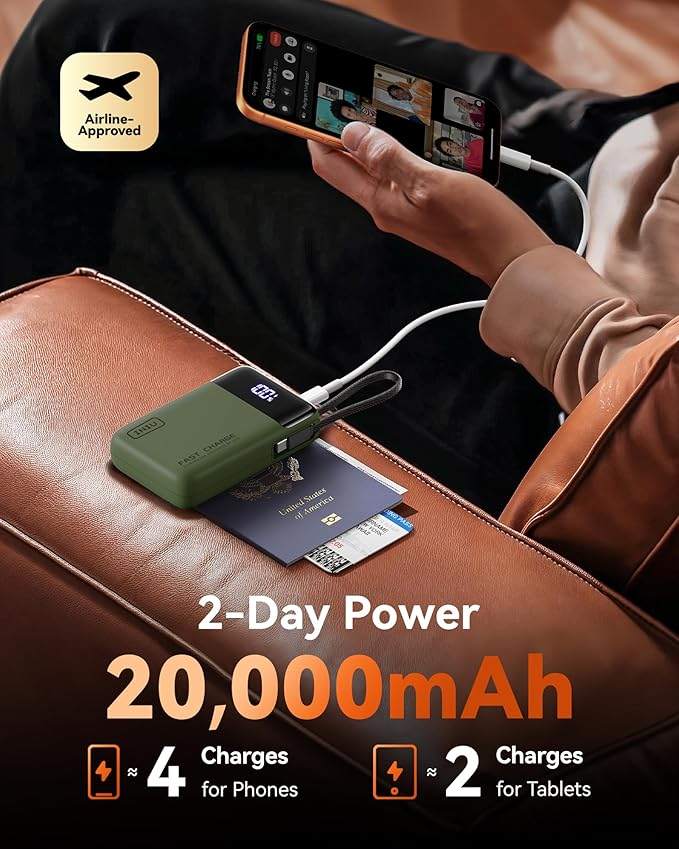 INIU 20000mAh Power Bank, Small 45W PD Fast Charging Portable Charger with Built-in USB C Cable, Flight-Safe Travel External Phone Battery Pack for iPhone 17 Pro Max Samsung S26 iPad etc, Green