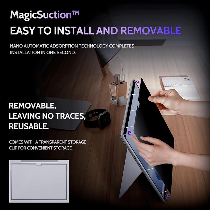 Peslv Privacy Screen for 13 Inch Surface Pro 11/10/9/8/X, MagicSuction™ Removable Anti Spy Black Protector, Glare Blue Light Filter for Microsoft Laptop Computer Monitor