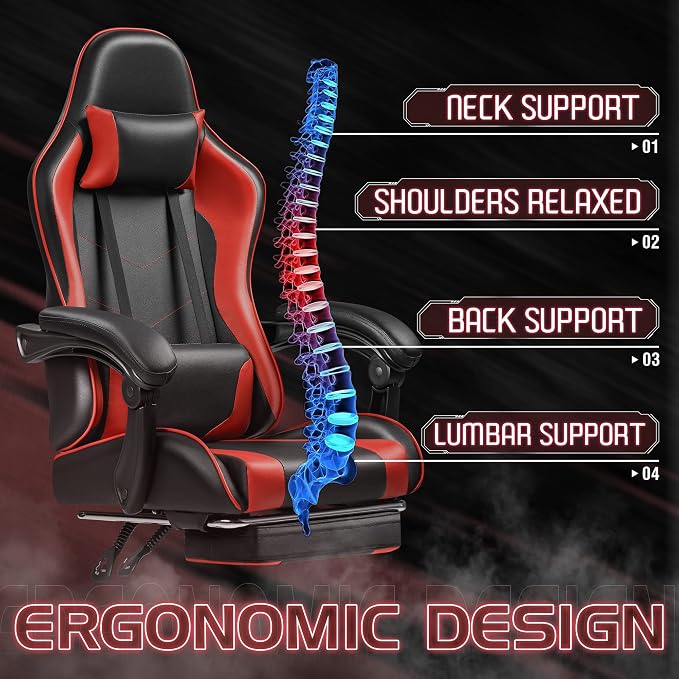 Homall Gaming Chair, Video Game Chair with Footrest and Massage Lumbar Support, Ergonomic Computer Chair Height Adjustable with Swivel Seat and Headrest (Red)