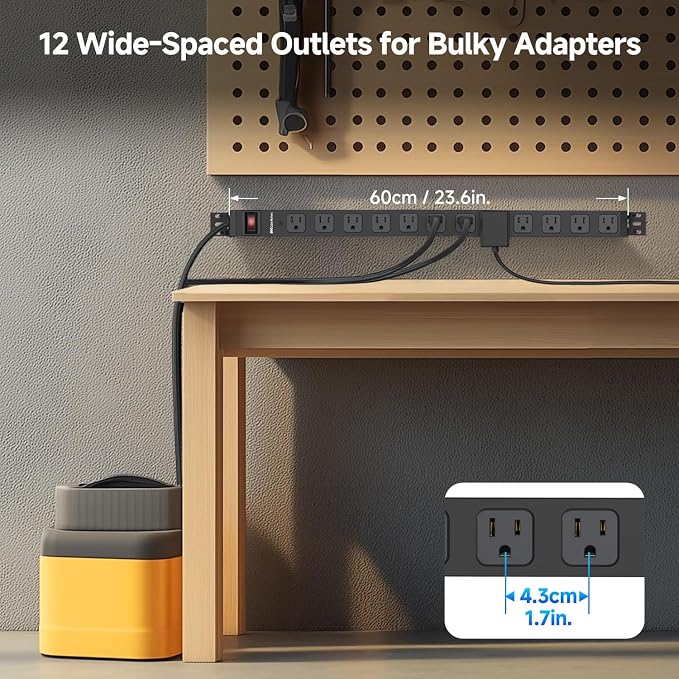 [ETL Certified] Cable Matters Wall-Mountable 12 Outlet Power Strip - 8ft Cord, Metal, 2100J Surge Protector with 15A Circuit Breaker, Industrial Power Strip Surge Protector for Garage, Workshop, Black