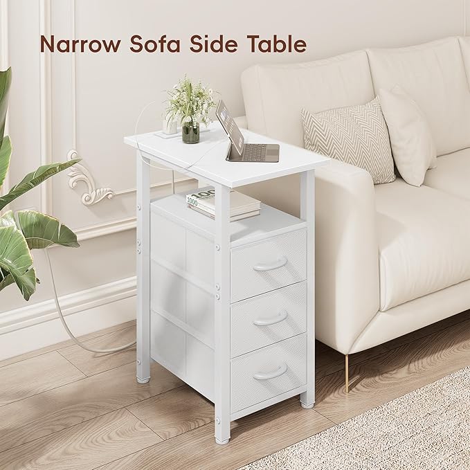 Vagusicc White End Table with Charging Station, Narrow Side Table, Narrow Nightstand with 3 Fabric Drawers, Slim Sofa Side Table for Small Spaces, Small Night Stand for Bedroom, White