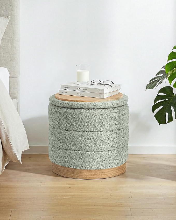 B FSOBEIIALEO Round Storage Ottoman with Tray, Folding Ottoman with Storage Coffee Table Foot Rest for Dorm Room Living Room Chenille Fabric,Sage Green,15.35"x15.35"x14.57"