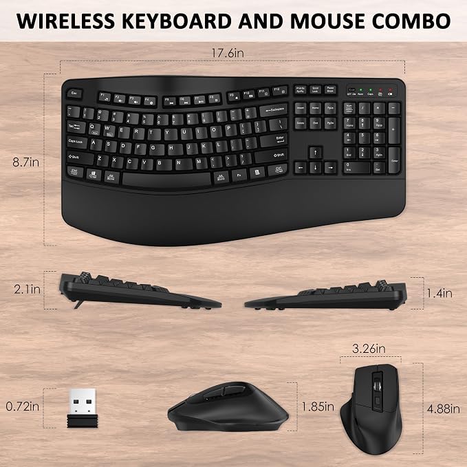 Wireless Keyboard and Mouse Combo, EDJO 2.4G Full-Sized Wave Keys Ergonomic Keyboard and Wireless Optical Mouse, Energy-Saving Wireless Mouse Keyboard for Computer, Mac, Laptop, PC, Windows(Black)