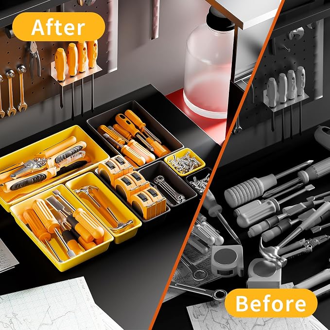 [5 Sizes] [69 PCS] Tool Drawer Organizer, Tool Box Tray, Desk Drawer Tray, Rolling Tool Chest, Toolbox Organzier (Black+Yellow)