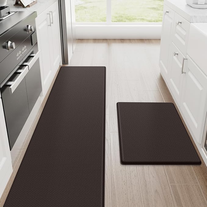 StepRite Kitchen Mats, 2PCS Kitchen Rugs, Cushioned Anti Fatigue Kitchen Mats for Floor, Non-Slip Standing Desk Mat, Waterproof Kitchen Rug Set for Kitchen, Floor, Office,17.3"x30"+17.3"x70",Chocolate