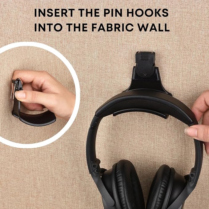 Fabric Wall Headphone Stand for Office, Cubicle Headphone Holder for Work Decor, Space-Saving Hanger Cubicle Accessories for Women Men Desk Organizer, Black (1 Pack)