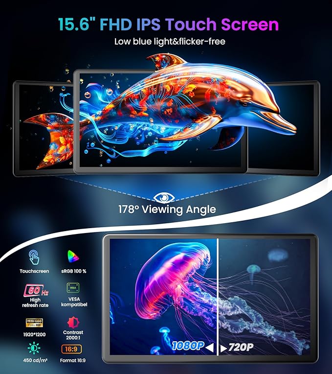 15.6" Touchscreen Monitor - HDR 1080P IPS with VGA DVI HDMI VESA Dual-Speaker,10-Point Industrial Touch screen Monitor with Remote Control for PC,Laptop,RPi,POS,Kiosk,Home,Industrial(dark black)