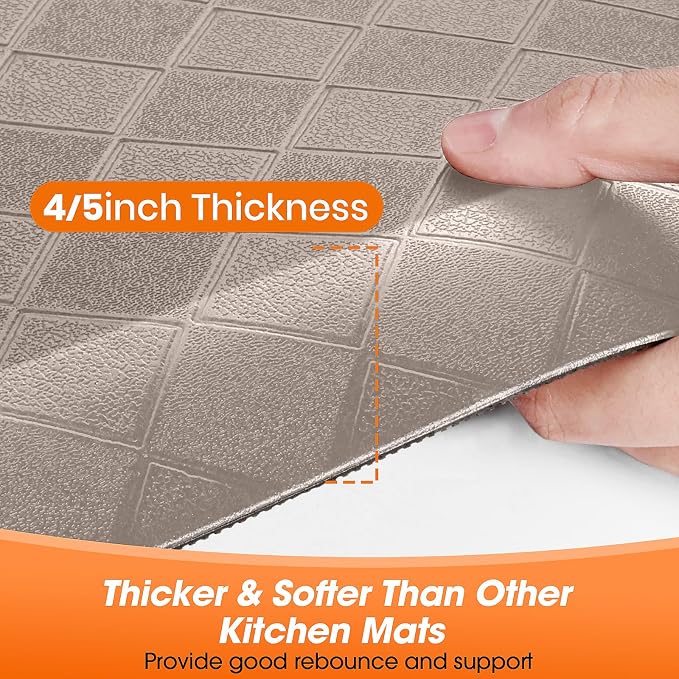 4/5 Inch Extra Thick Kitchen Mats for Floor,Non Slip Anti Fatigue Kitchen Rugs,Waterproof Stain Resistant Sink Mat,Cushioned Standing and Comfort Mats for Office (17"x60" Khaki)