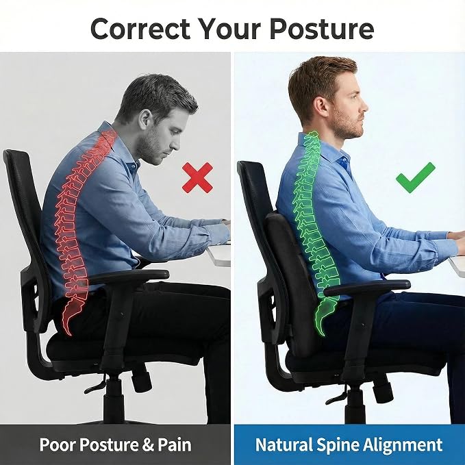 Poshetion Lumbar Support Pillow for Office Chair & Car – Memory Foam Back Cushion with Adjustable Straps & Breathable Mesh Cover（Deep Grey）