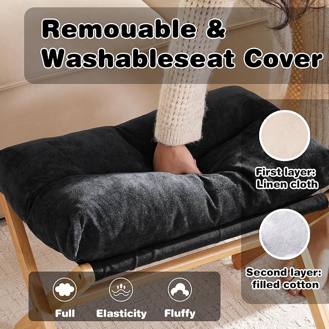 Baveke Ottoman Foot Rest- Bamboo Foldable Stool, Foot Stools Small Ottman with Upholstered & X Legs, Folding Stool for Makeup, Bedroom and Living Room (Black)
