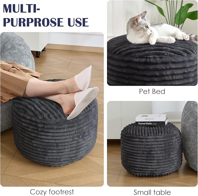 Round Ottoman,Corduroy Pouf Ottoman Foot Rest,Storage Footstool for Living Room,20x15 Soft Floor Poufs,Memory Foam Filling - Dark Grey, 20x15 in