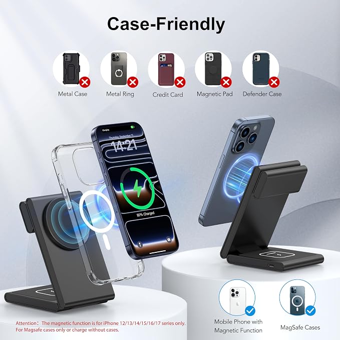 New Travel Foldable 3 in 1 Wireless Charging Station for Apple Magsafe Charger Stand,Fast Magnetic Wireless Charger Station for iPhone 17 Air 16 15 14 13 12 Series,Airpods Pro,Apple Watch Ultra-Black