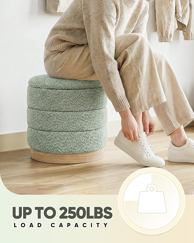 B FSOBEIIALEO Round Storage Ottoman with Tray, Folding Ottoman with Storage Coffee Table Foot Rest for Dorm Room Living Room Chenille Fabric,Sage Green,15.35"x15.35"x14.57"