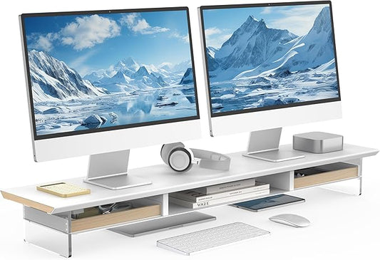 Fenge 42.5” Dual Monitor Stand Riser with 2 Felt-Lined Drawers, Aesthetic Metal and Wood Monitor Shelf with Acrylic Legs, 2-Tier Desk Organizer for 2 Monitors, Laptop, Printer, TV, White
