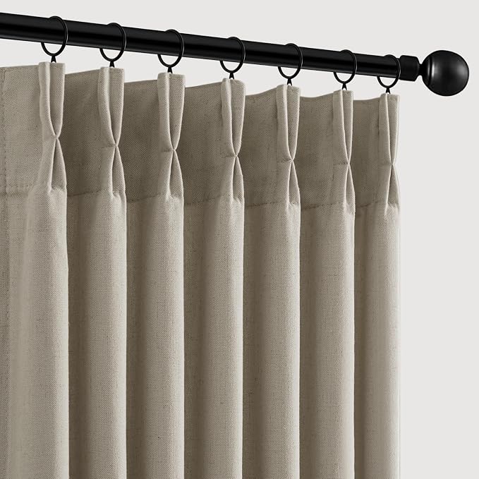 Memory Trained Pinch Pleated Curtains 90 Inches Long, Viral Linen Pinch Pleat Sheer Curtains with Ring Hooks&Clips for Track System Living Room, Oatmeal Light Filtering Privacy Curtain 2 Panel Set