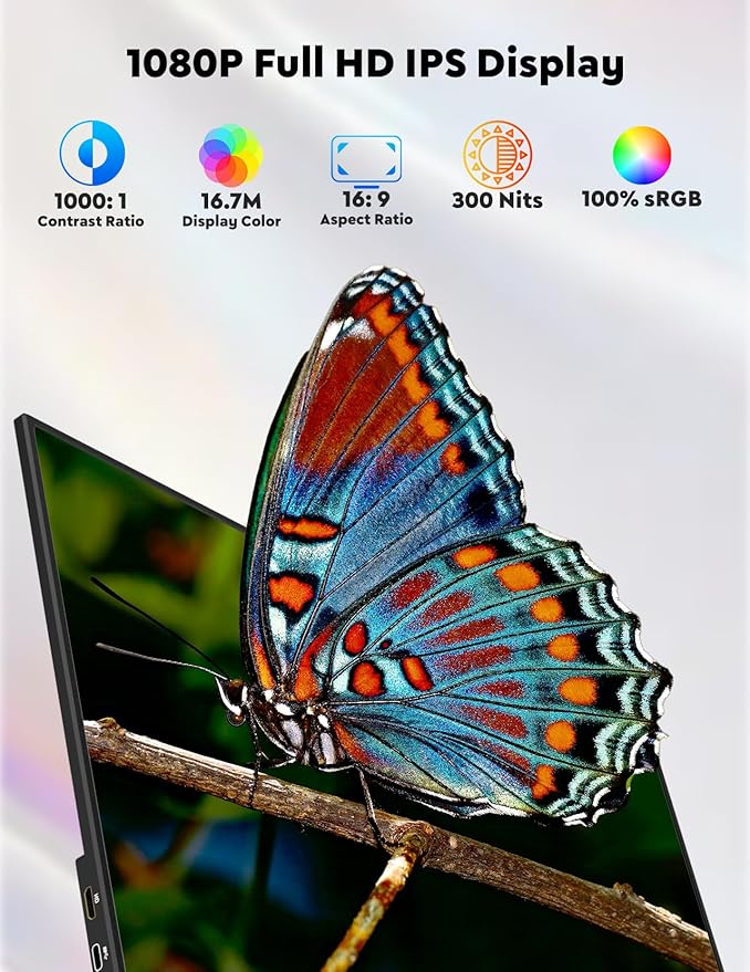 15.6” Portable Monitor with Adjustable Stand, 1080P FHD IPS Screen Extender, USB-C/HDMI Port, Ultra Slim Travel Monitor with Eye Protection, Plug and Play for Laptop/PC/Mac/Android/Switch/PS5