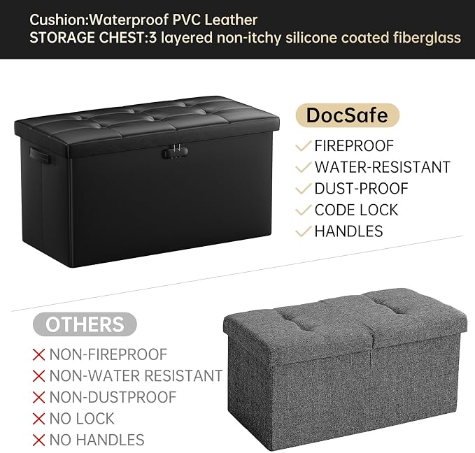 DocSafe Storage Ottoman Bench with Lock,Fireproof 30 Inches Folding Bench Foot Rest Stool Storage Chest Safe for Living Room,Bedroom,Home Office,Waterproof Leather Ottoman with Handles,Black