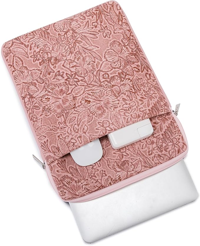 Kinmac 360° Protective Vertical Laptop Sleeve Case Cover Bag (Pink Flower PU, 12.5 inch-13.3 inch)
