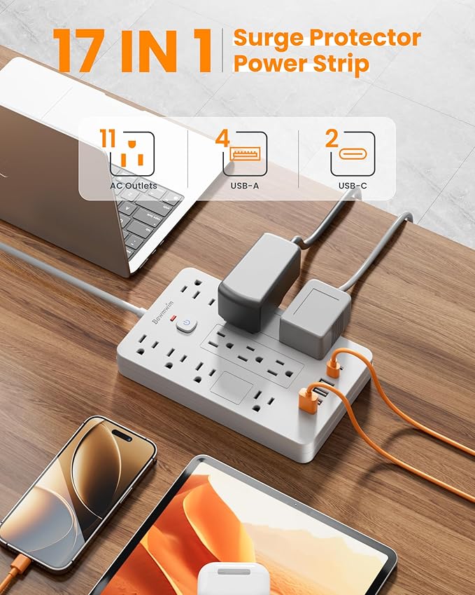 Surge Protector Power Strip - 11 Outlets(1850W/15A/14AWG) with 6 USB Ports(2 USB C), 10FT Flat Plug Extension Cord, Wall Mount, White, ETL Listed for Home, Dorm Room