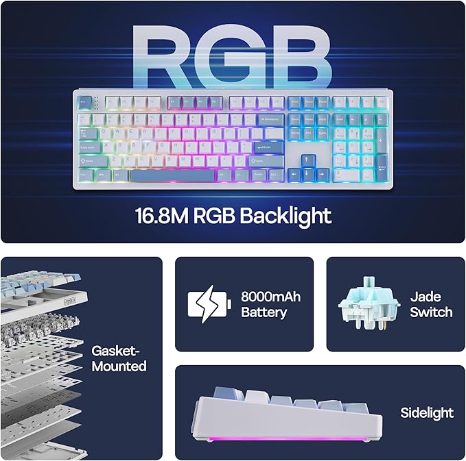 MechLands EPOMAKER TH108 Full Size Mechanical Keyboard, Wireless Gaming Keyboard, 8000mAh Battery, Creamy Gasket, 108 Keys, Hot Swap, Custom Driver, RGB Backlights (Blue&White, Creamy Jade Switch)