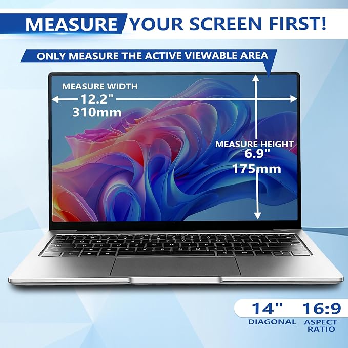 Magnetic Laptop Privacy Screen 14 Inch 16:9, Removable Computer Privacy Filter Shield and Anti Glare Blue Light Screen Protector, Compatible with HP Dell Acer Asus Samsung Lenovo ThinkPad
