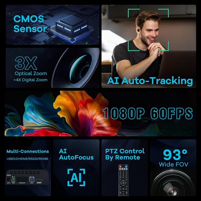 TONGVEO 3X Optical Zoom PTZ Camera AI Auto-Tracking HDMI USB 3.0 1080P 60fps Wide-Angle for Video Conference Business Meeting Live Streaming Online Learn with Zoom YouTube Teams OBS and More