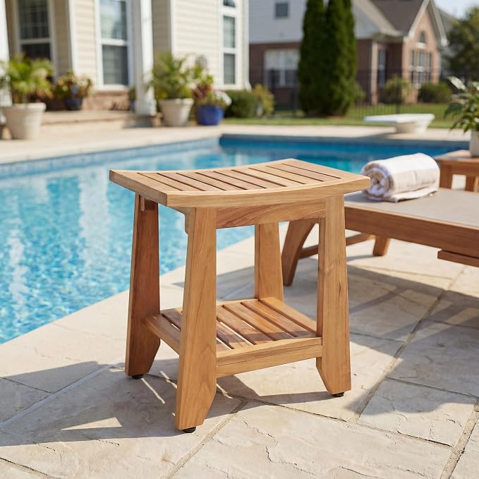 Teak Shower Bench Stool, 14'' Compact Waterproof Wooden Sauna Bath Bench with Storage Shelf, Non-Slip Solid Teak Shower Seat Chair for Small Bathrooms Inside Shower and Outdoor Use