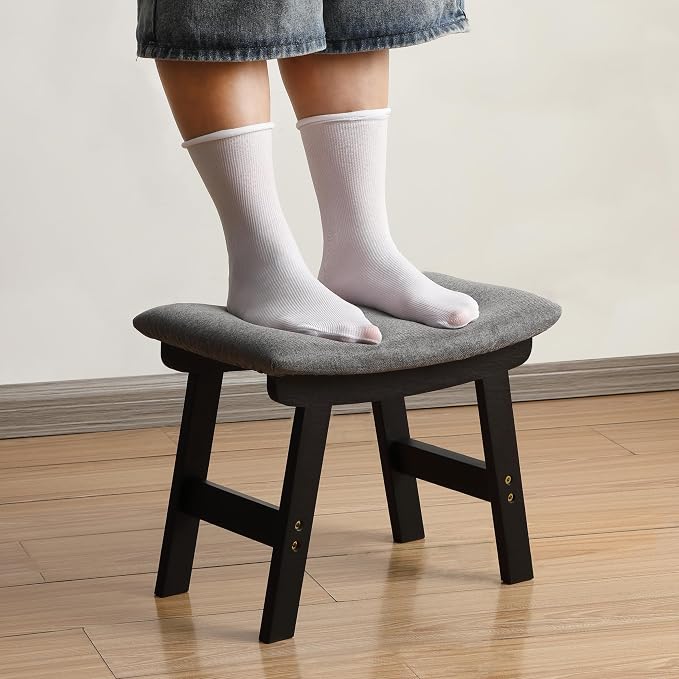 BAMBOO LAND- Bamboo Foot Stools Ottoman, Gray Cushion & Black Wood Legs, Small Ottoman Foot Rest for Couch