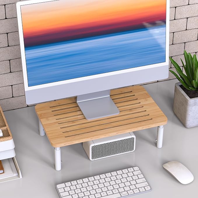 Bamboo Monitor Stand Riser, 4 Adjustable Height, Laptop Stand with Airflow Vents, Desk Organizer for Computer, PC, Printer (Natural)