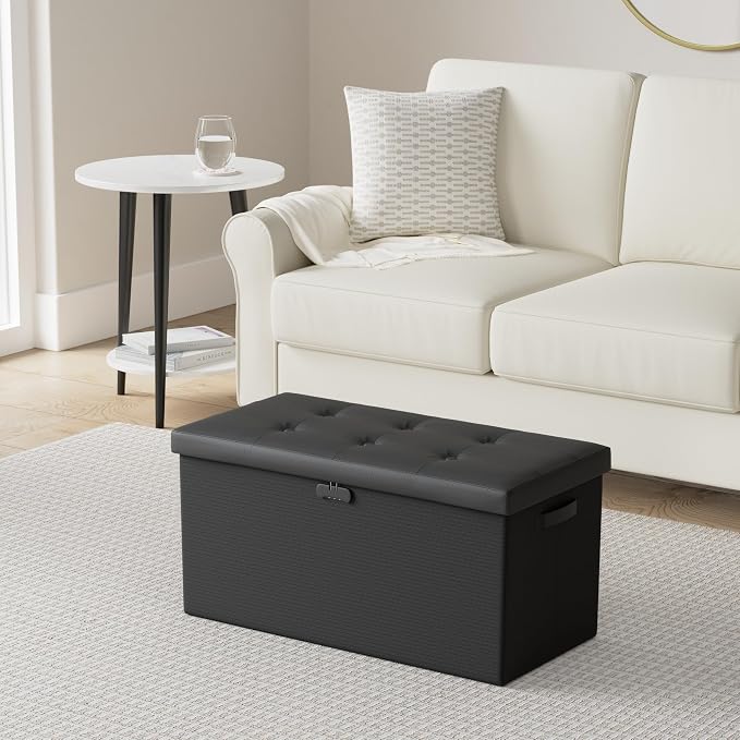 DocSafe Storage Ottoman Bench with Lock,Fireproof 30 Inches Folding Bench Foot Rest Stool Storage Chest Safe for Living Room,Bedroom,Home Office,Waterproof Leather Ottoman with Handles,Black