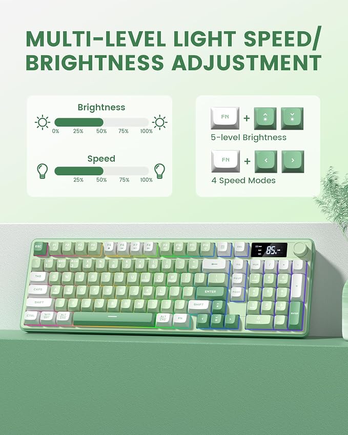 Keymatic Gaming Keyboard Wireless Creamy Keyboard with Media Knob & Screen Cute Keyboard Mechanical Feeling Membrane Keyboard with Number Pad RGB Backlit Tri-Mode BT/2.4GHz/USB-C - Green