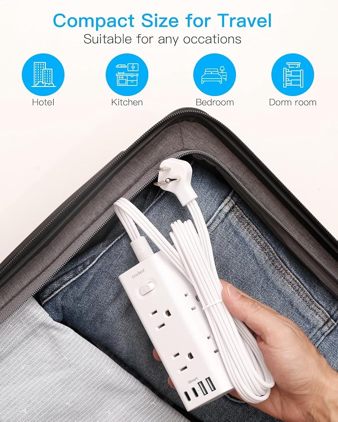 3Ft Extension Cord with Multiple Outlets, Flat Plug Power Strip Surge Protector with 3 Ft Cord, 6 Outlet 4 USB Ports (2 USB C), Multi Outlet Wall Plug for Travel, College, Dorm Room Essentials(White)