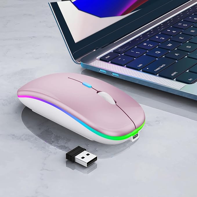 WREANU Wireless Bluetooth Mouse Rechargeable Laptop Mice with LED Lights Silent Slim Use(BT5.2 and 2.4G Portable USB Receiver) Dual Mode Computer Mouse for Laptop/iPad/Tablet/Apple/Computer/Mac(Pink)