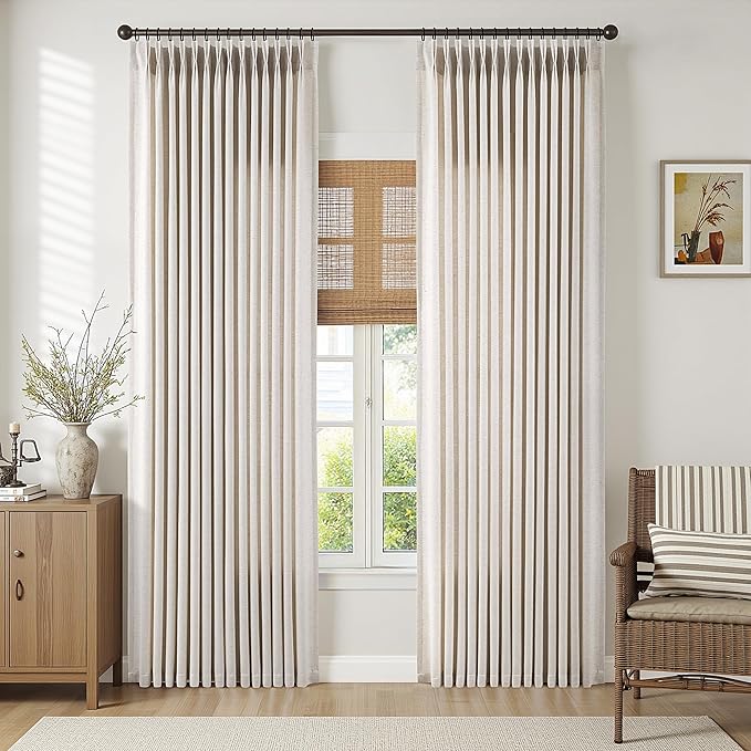 Memory Trained Pinch Pleated Curtains 105 Inches Long, Viral Linen Pinch Pleat Sheer Curtains with Ring Hooks&Clips for Track System Living Room, Beige Light Filtering Privacy Curtain 2 Panel Set