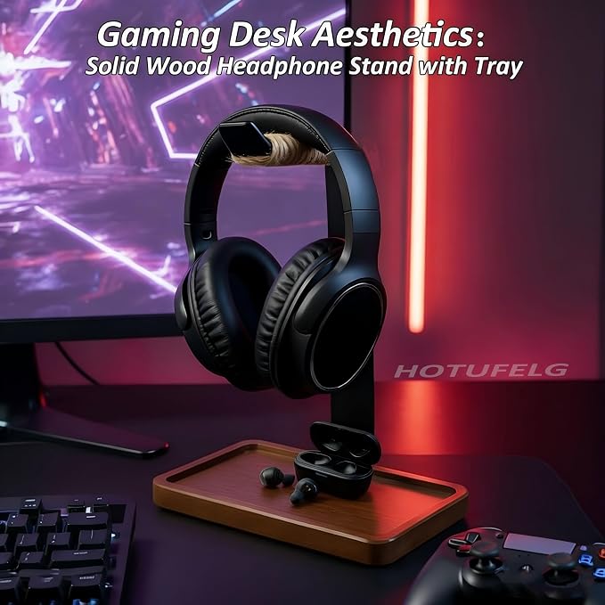 2-in-1 Solid Wood Headphone Stand Universal Headphones Holder with Storage Base Heavy Duty Solid Wood Gaming Headset Hanger for Study Rooms,Game Space,Desk,Office,Vintage Gift for Men(Rope Wrapped Top)