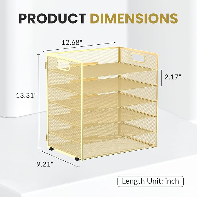 Daltack 6 Tier Paper Organizer for Desk, Paper Letter Tray Organizer for Desks, Mesh Desk File Organizers with Handle for Office, Home, School, Gold