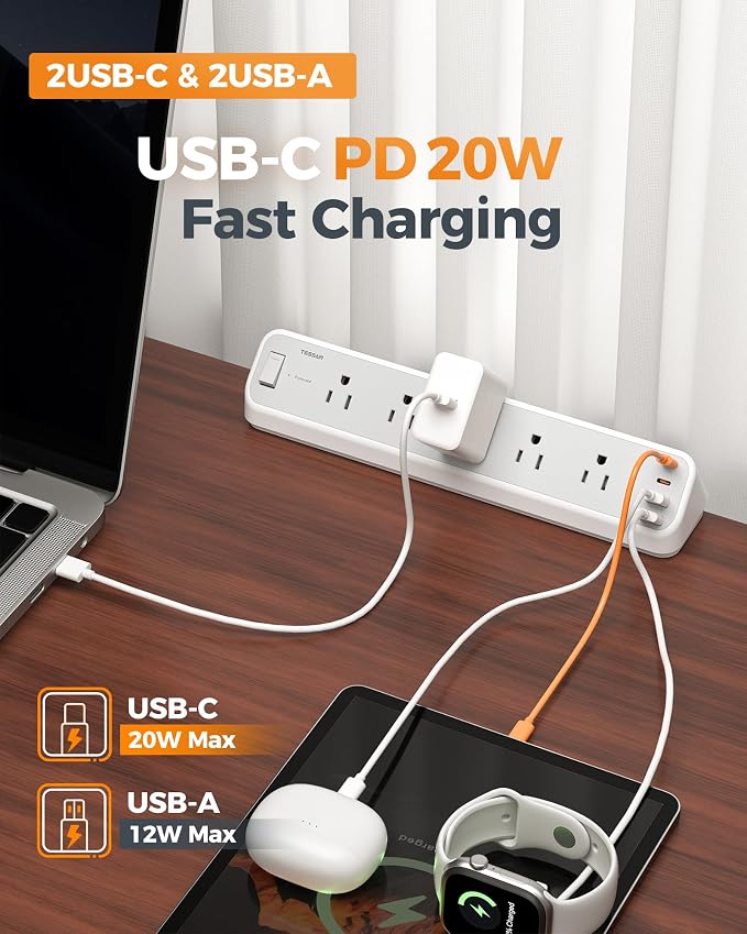 TESSAN Desk Clamp Power Strip 10 Ft, 2100J Surge Protector Desk Charging Station, 5 Outlets with 4 USB Ports (2 USB C), Flat Plug Extension Cord with Multiple Outlets for Home Office Dorm Room, Grey
